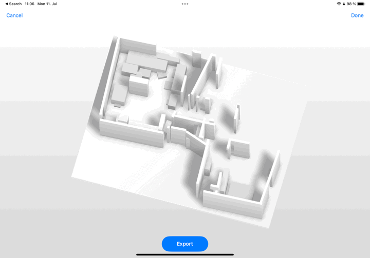 A animation showing the fusion step of a whole house scan before and after. The most significant items are combined and several walls are fixed.