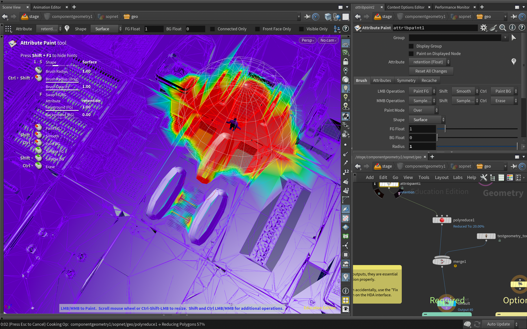 Houdini screenshot showing a geometry optimization workflow. A colorful heatmap-like image of a 3D scene is shown in the main area. Red, yellow, green, and blue gradients spread out from a center point. On the left are the painting tool choices, where you can change the size, shape, and attributes of the brush. On the right is where you'll find the attribute paint tool settings, which include sliders and brush actions. Below, you can see part of a node-based workflow that shows how connected nodes and geometry actions work. The interface is mostly technical, with bright visual feedback on the 3D model and many editing and simulation options.