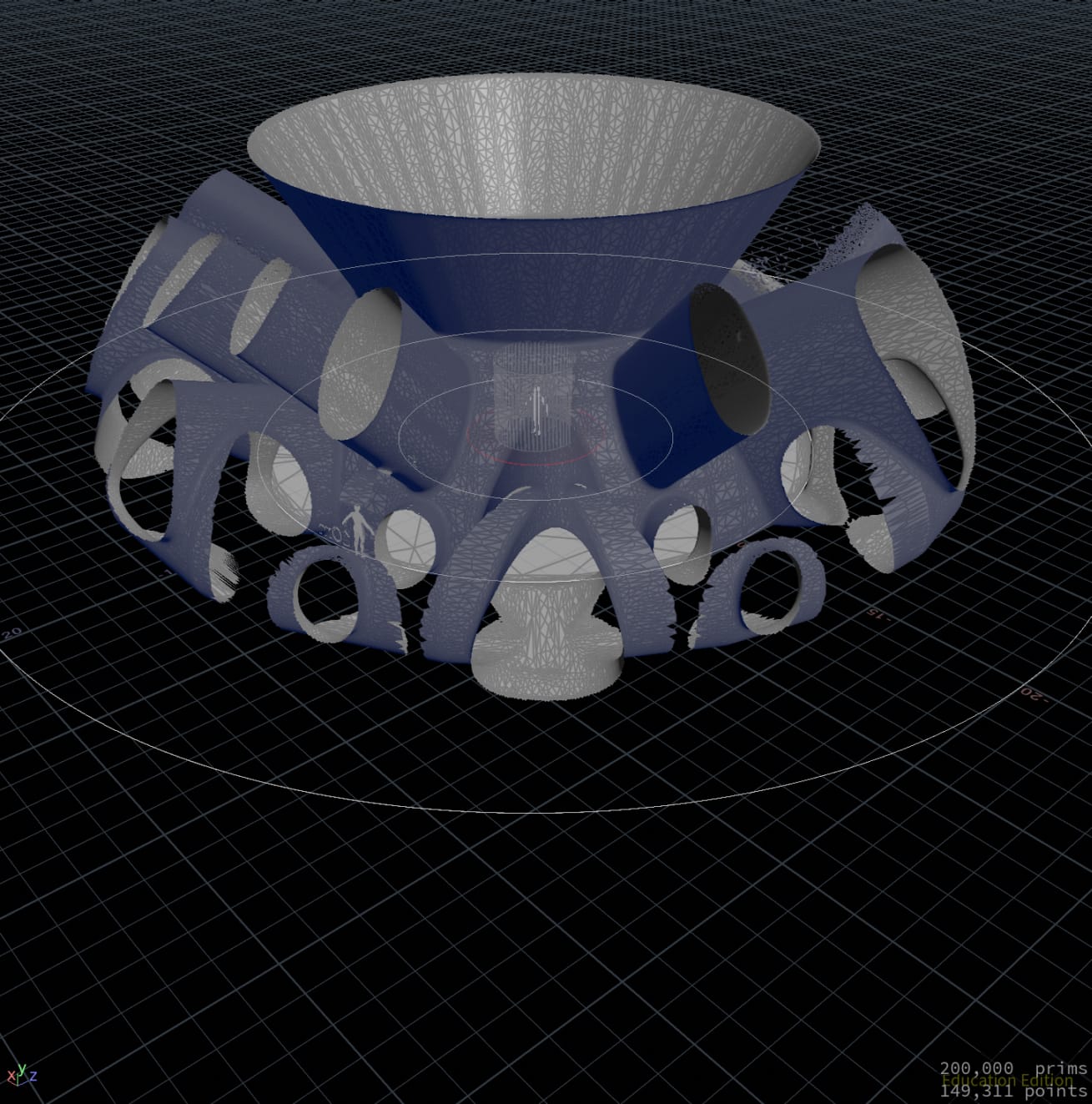 The dome-like shape after dramatically removing extra geometry following optimization step, but this time the surface is solid, opaque, and a uniform gray color. The ring of arch-shaped supports and circle cutouts is still there, but the design looks less complex and doesn't have the blue-tinted, partially see-through details that are in the 'after' picture. The person stays in the middle to show scale, and the background grid matches the one in the earlier picture. The style looks simpler and less polished than the 'before' version, but users won't be able to tell the difference.