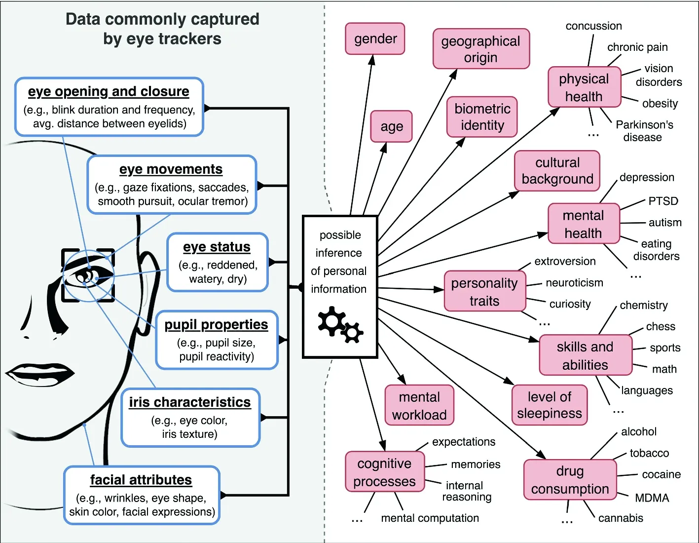 “This figure illustrates the types of data commonly captured by eye trackers and the potential personal information that can be inferred. On the left, several eye-related biometric features are listed, including eye opening and closure (e.g., blink duration), eye movements (e.g., saccades, fixations), eye status (e.g., redness), pupil properties (e.g., size, reactivity), iris characteristics (e.g., color, texture), and facial attributes (e.g., wrinkles, expressions). These features are visually linked to a central box labeled ‘possible inference of personal information,’ which in turn connects to a range of possible inferences shown on the right. These inferences include gender, age, geographical origin, biometric identity, physical health (such as vision disorders, pain, or Parkinson’s disease), cultural background, mental health (such as depression, PTSD, autism, eating disorders), personality traits (e.g., extroversion, neuroticism), skills and abilities (such as math, sports, chess), level of sleepiness, drug consumption (alcohol, tobacco, cocaine, etc.), mental workload, and cognitive processes (expectations, reasoning, memory). The diagram summarizes how eye tracking data can reveal diverse sensitive and personal information.”