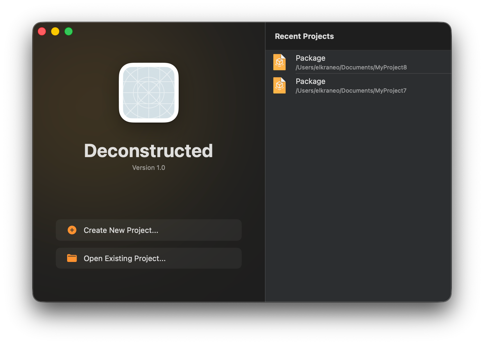  A macOS welcome window for "Deconstructed" app. The left panel shows the app icon (rounded square with orange/yellow gradient), the app name "Deconstructed" in large bold      text, and "Version 1.0". Below are two action buttons: "Create New Project..." with a plus icon and "Open Existing Project..." with a folder icon. The right panel is titled    "Recent Projects" and displays a placeholder message "No Recent Projects" with a clock icon, stating "Projects you open will appear here." The window has a dark theme with orange accent colors.