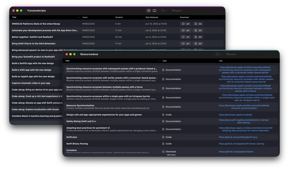 Screenshots from both apps running in Tahoe show the initial list of contents.